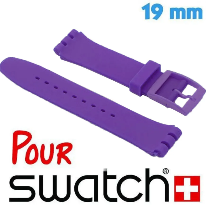 Bracelet compatible Swatch Silicone Violet 19 mm Fermoir Ardillon