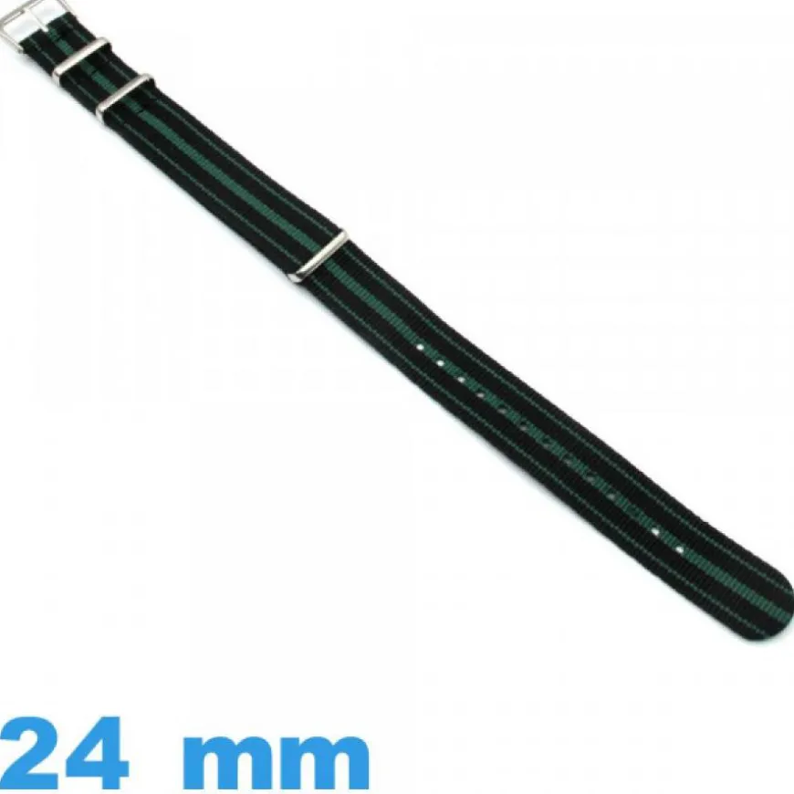 Bracelet de montre Nato Noir et Vert tissu 24mm