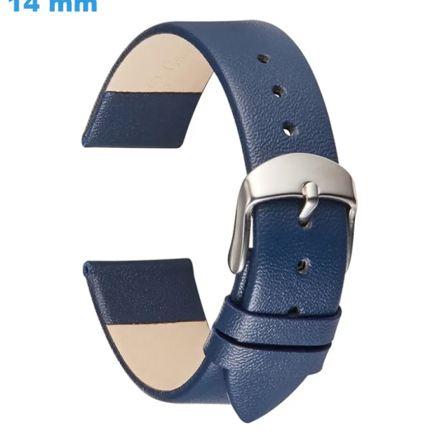 Bracelet 14 mm Cuir véritable de montre Bleu fermoir Ardillon