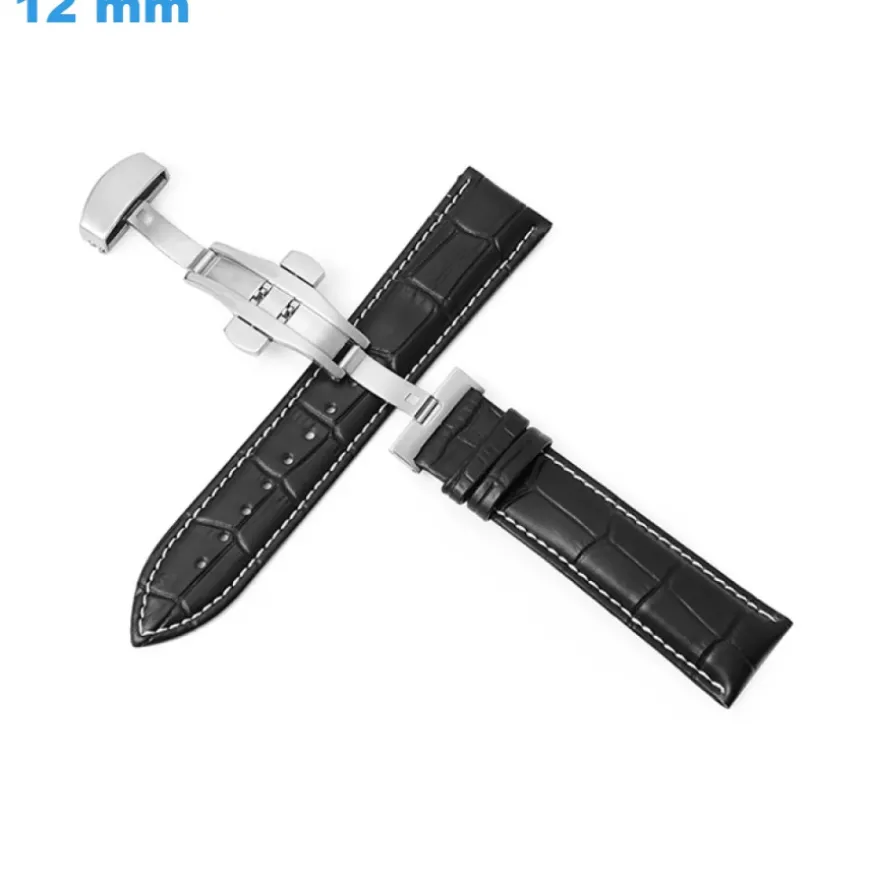 Bracelet 12 mm Cuir véritable fermoir Papillon de montre Noir
