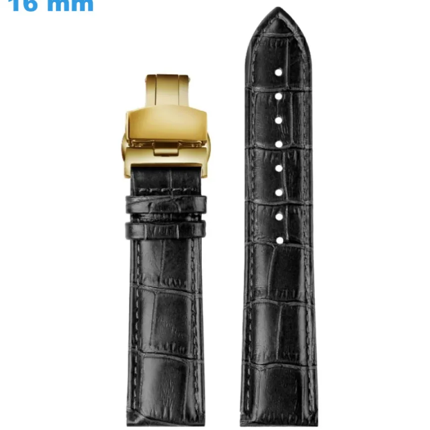 Bracelet 16 mm Cuir véritable montre Noir boucle Papillon