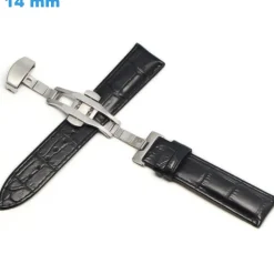 Bracelet 14 mm Cuir véritable montre Noir fermoir Papillon