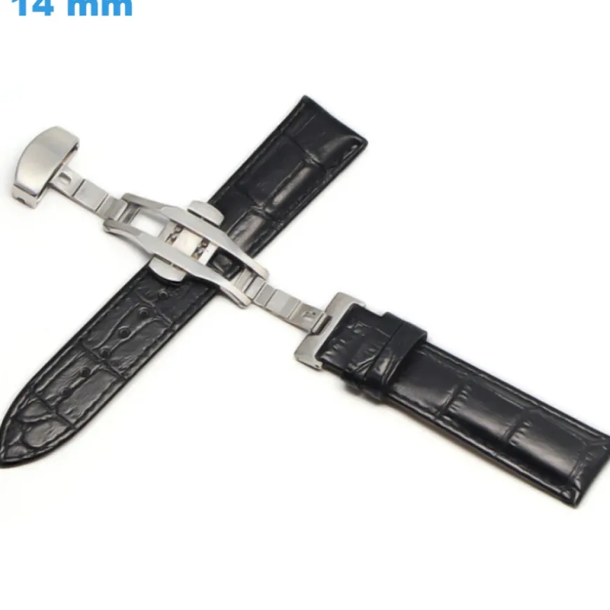 Bracelet 14 mm Cuir véritable montre Noir fermoir Papillon