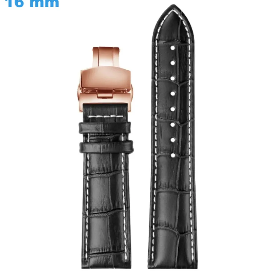 Bracelet 16 mm Cuir véritable Noir pour montre fermoir Papillon