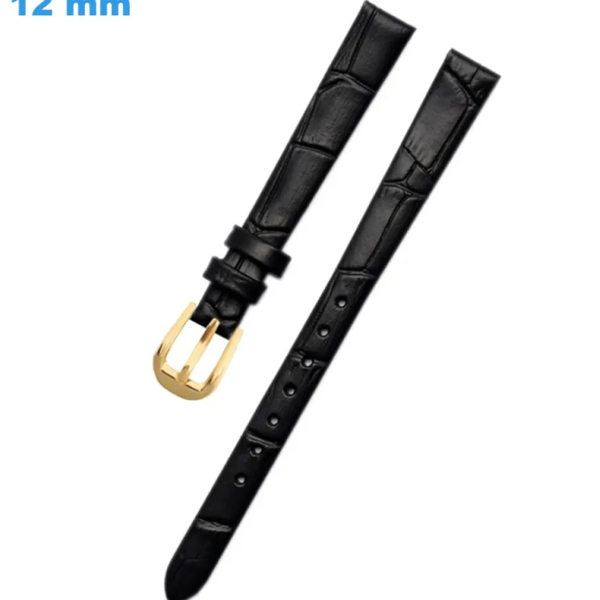 Bracelet 12 mm Cuir véritable pour montre Noir Ardillon