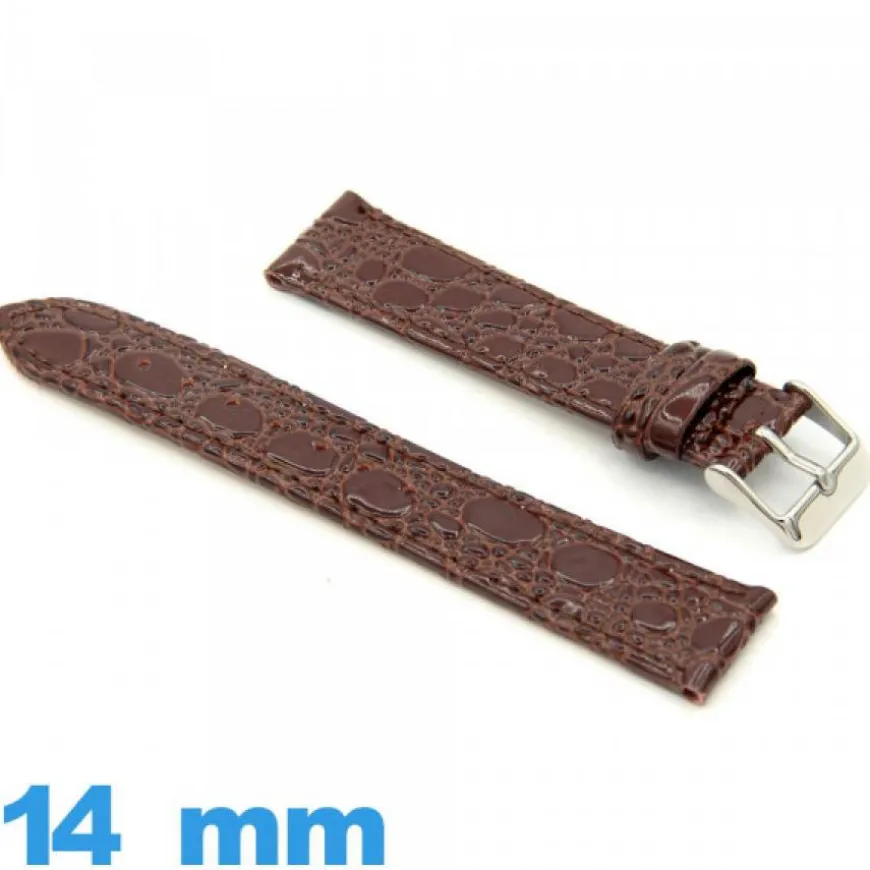 Bracelet 14mm montre brun cuir Plat Crocodile