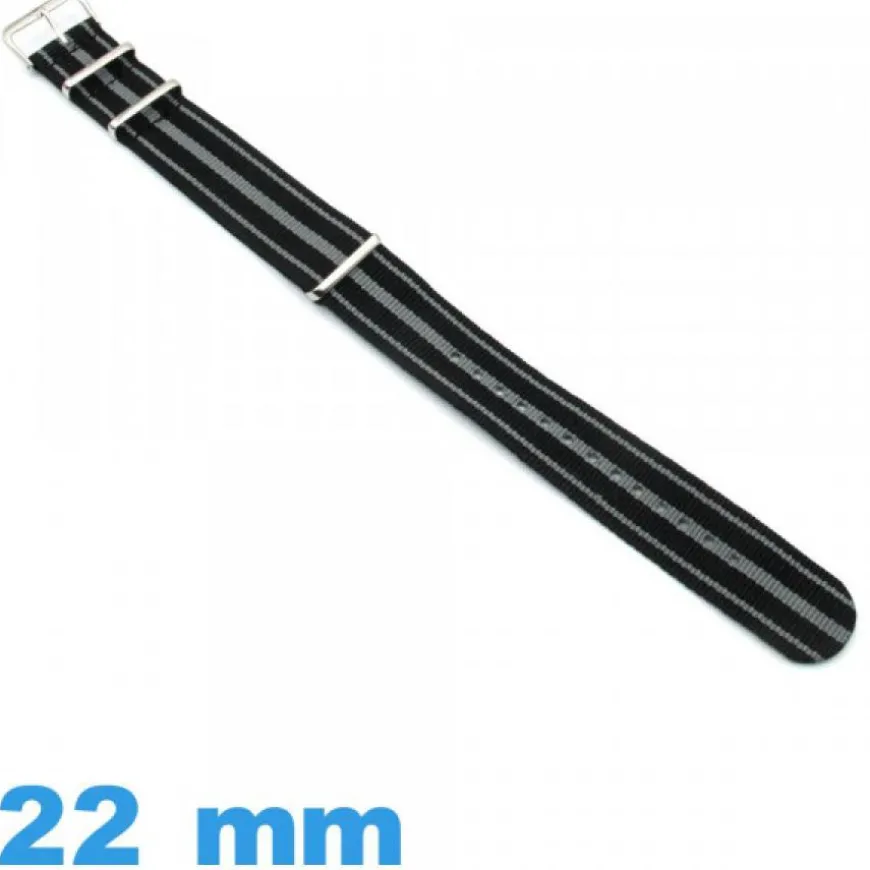 Bracelet 22 mm montre Noir et Gris Nato Nylon