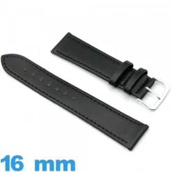 Bracelet 16 mm Noir pour montre  Faux cuir Lisse
