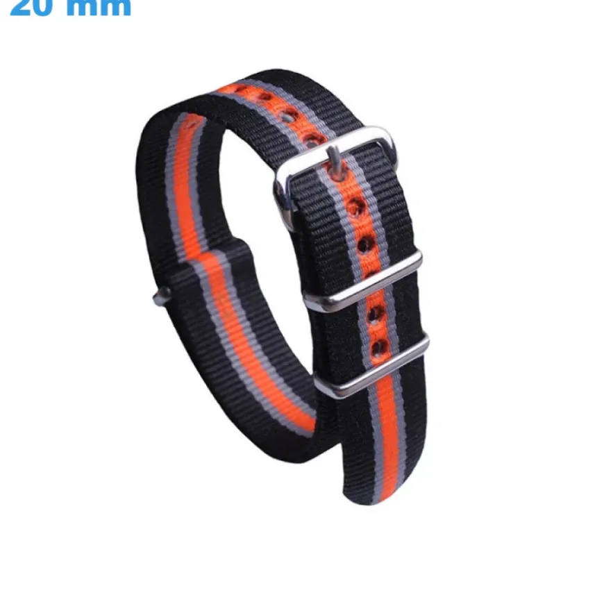 Bracelet 20 mm Nylon Ardillon de montre Noir et Orange