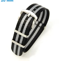 Bracelet 20 mm Nylon pour montre Noir et Gris Ardillon