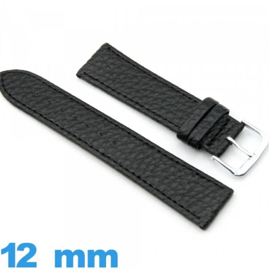 Bracelet 12mm pour montre Noir Cuir vegan Plat