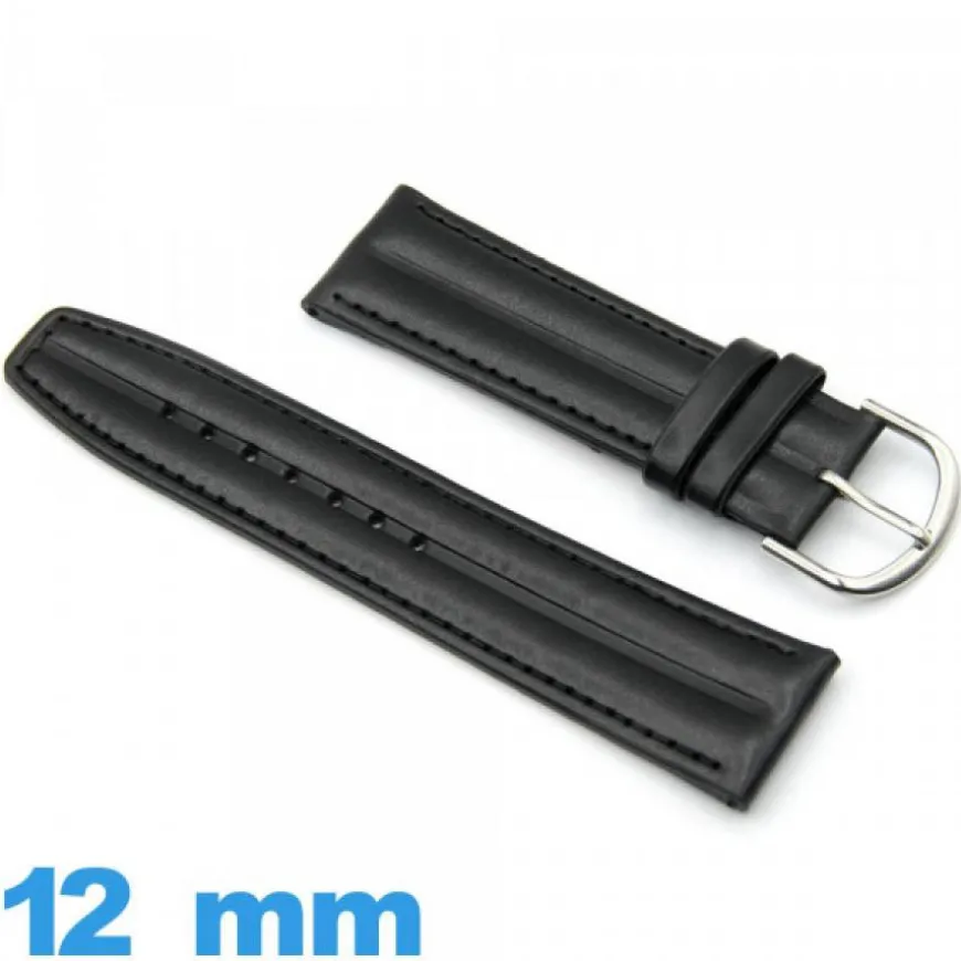 Bracelet 12 mm pour montre Noir Cuir Synthétique Vegan lisse