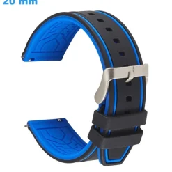Bracelet 20 mm Silicone pour montre Noir et Bleu boucle Ardillon