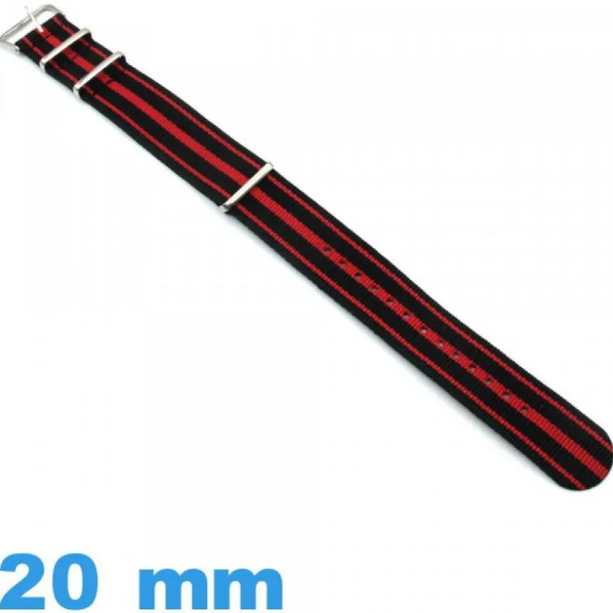 Bracelet Nylon 20mm Nato Noir et Rouge pour montre