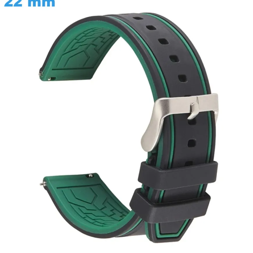 Bracelet pour montre 22 mm Silicone Noir et Vert fermoir Ardillon