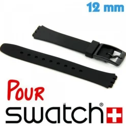 Bracelet pour Montre Swatch en Silicone lisse noir 12 mm