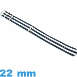Bracelet tissu 22mm N.A.T.O Bleu foncé et Blanc  pour montre