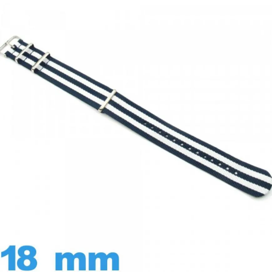 Bracelet tissu 18mm N.A.T.O Bleu foncé et Blanc de montre