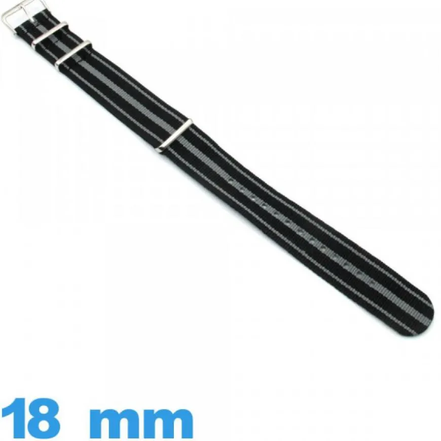 Bracelet tissu Noir et Gris de montre 18 mm Nato