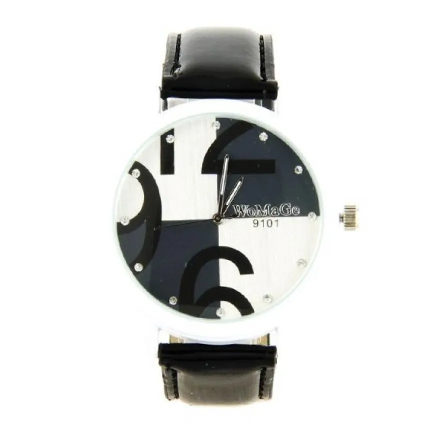 Damier noir blanc bracelet cuir Womage montre femme pas chère