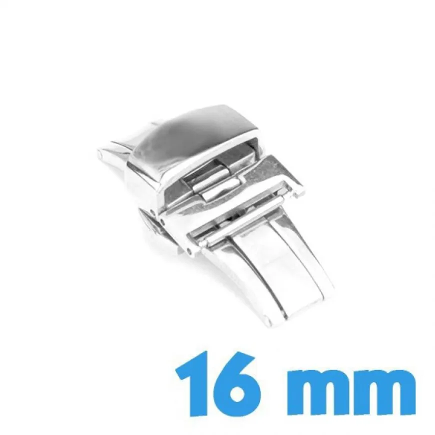 Fermoir argenté acier inoxydable déployant 16 mm bouton