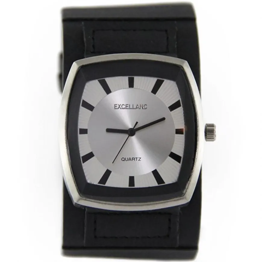Montre boîtier argenté bracelet de force noir