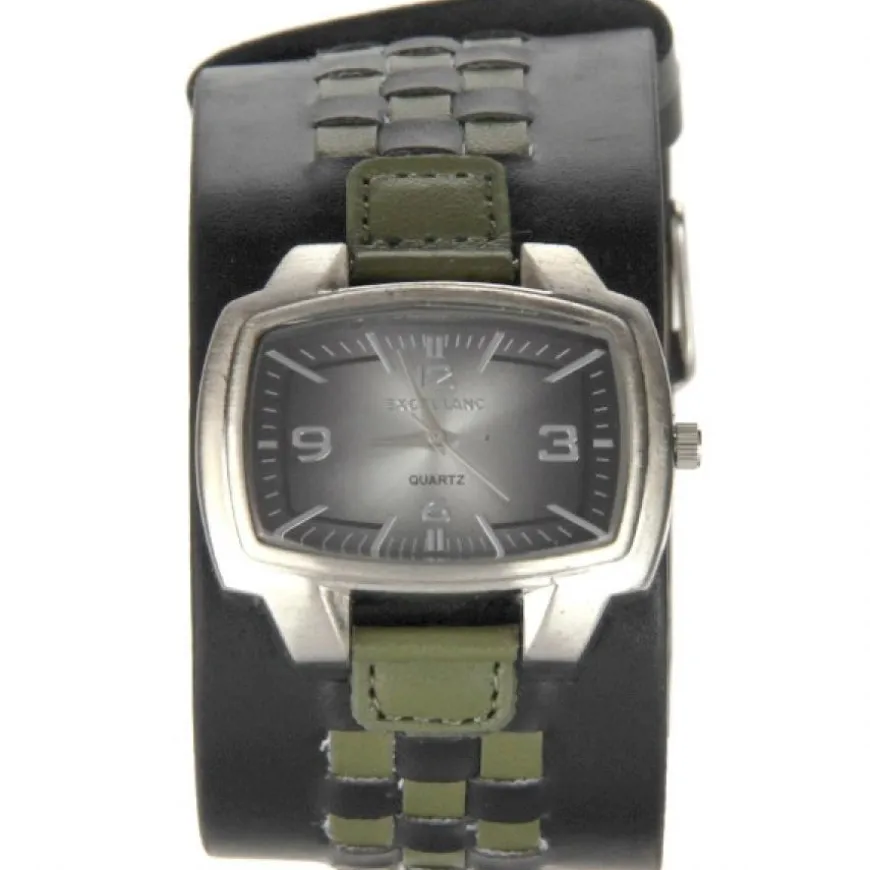 Montre bracelet cuir large noir de marque Excellanc