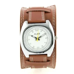 Montre bracelet de force brun surpiqure blanche modulable boîtier acier