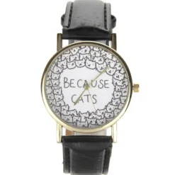 Montre chat noir cuir femme