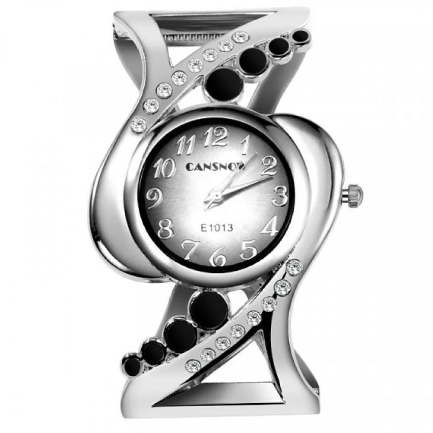 Montre clip argentée et noire avec strass