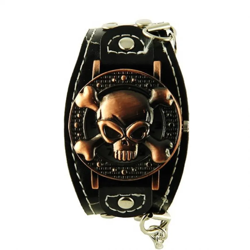 Montre de force tête de mort pas chère noire chaine crâne cuivre