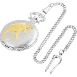 Montre de Poche Gousset Argenté Dinosaure Doré + Chaine
