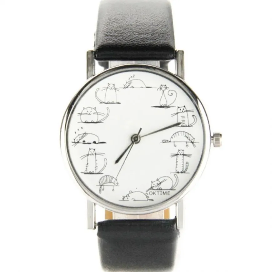 Montre femme pas chère dessin chat noir
