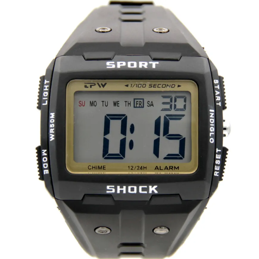 Montre à Gros Chiffres LCD Noir et Doré Multifonction