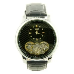 Montre homme automatique noir squelette mécanique doré argenté