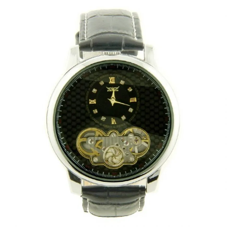 Montre homme automatique noir squelette mécanique doré argenté