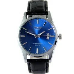 Montre homme pas chère cuir véritable noir cadran bleu