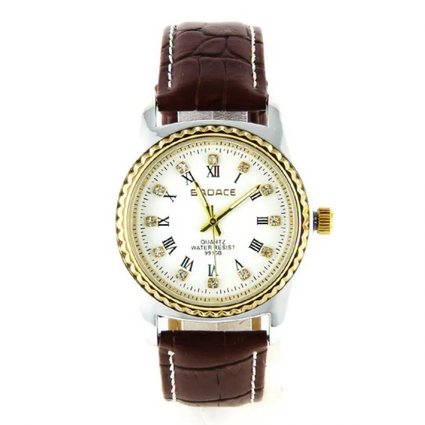 Montre marque BADACE luxe similicuir brun chiffre romain boîtier argenté doré