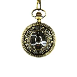 Montre mécanique ancienne unisexe vintage squelette bronze avec chaine