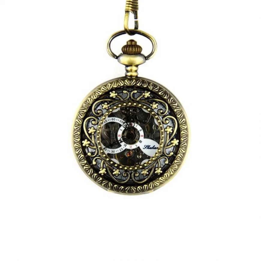 Montre mécanique ancienne unisexe vintage squelette bronze avec chaine