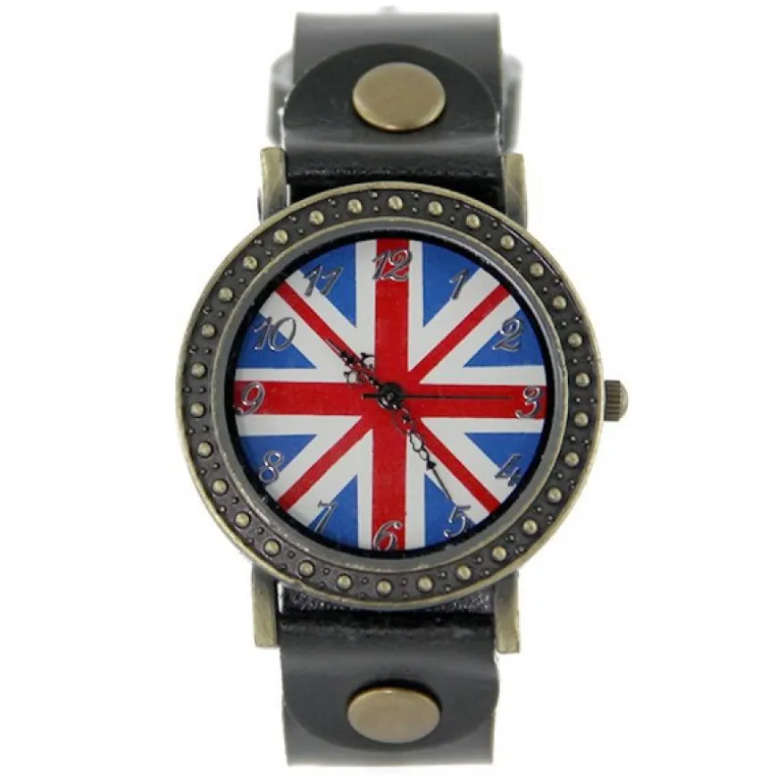 Montre pas chère vintage cuir motif drapeau Royaume Uni
