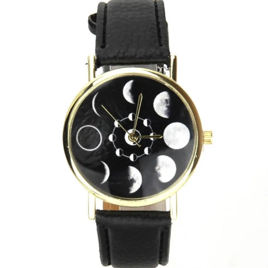 Montre phase de lune éclipse bracelet cuir noir