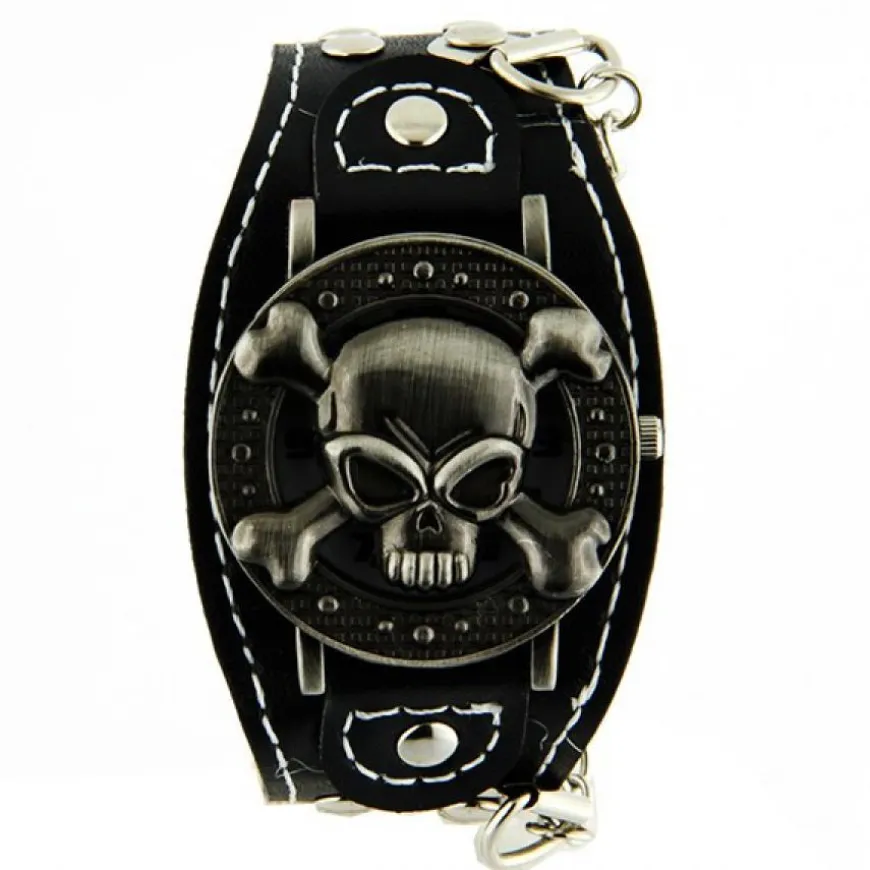 Montre pirate noir pas chère avec clapet et chaine bracelet de force