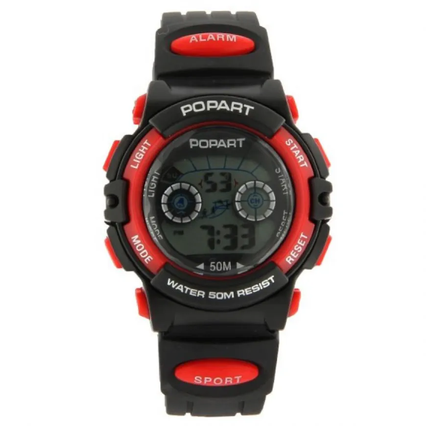 Montre POPART dateur pas chère multifonction marque waterproof rouge et noir