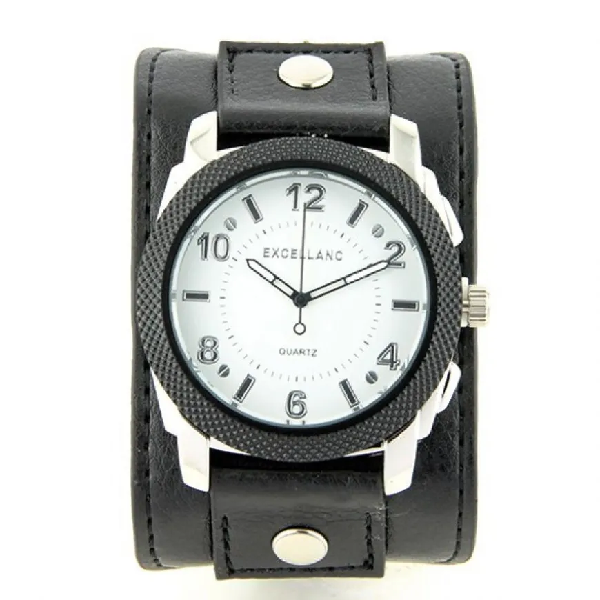 Montre qualité design bracelet de force noir marque Excellanc boîtier argenté