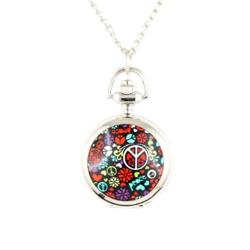 Pendentif montre gousset pas chère peace and love + chaine argenté