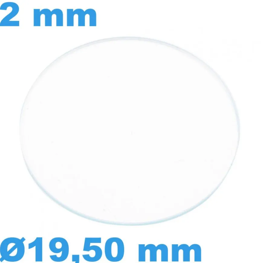 Verre Circulaire Saphir 19,5 mm de montre Plat épaisseur 2 mm inrayable