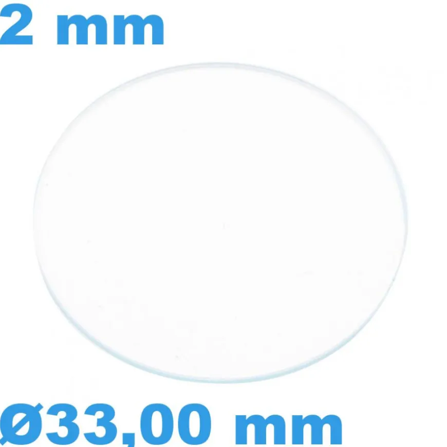 Verre Circulaire Saphir 33 mm de montre Plat épaisseur 2 mm inrayable