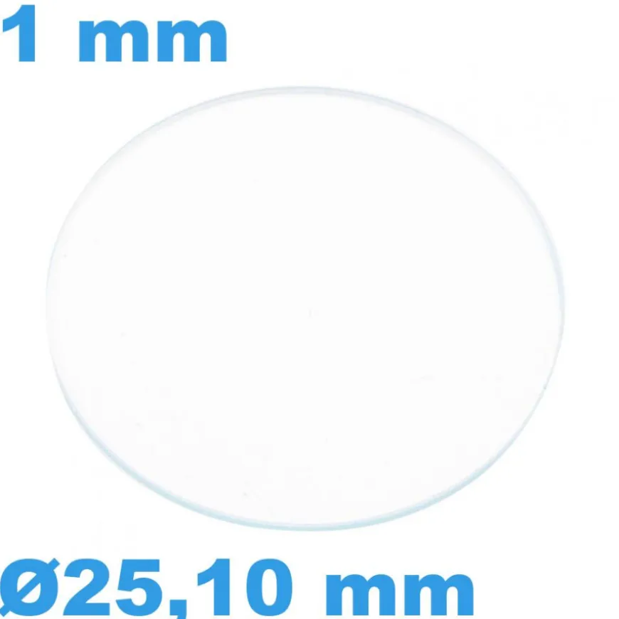 Verre Circulaire Saphir 25,10 mm pour montre Plat épaisseur 1 mm résistant aux rayures