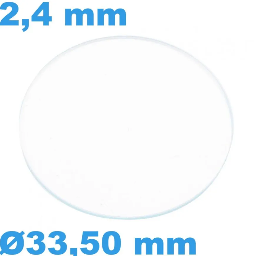 Verre 33,50 mm Rond Plat Saphir de montre épaisseur 2,4 mm inrayable